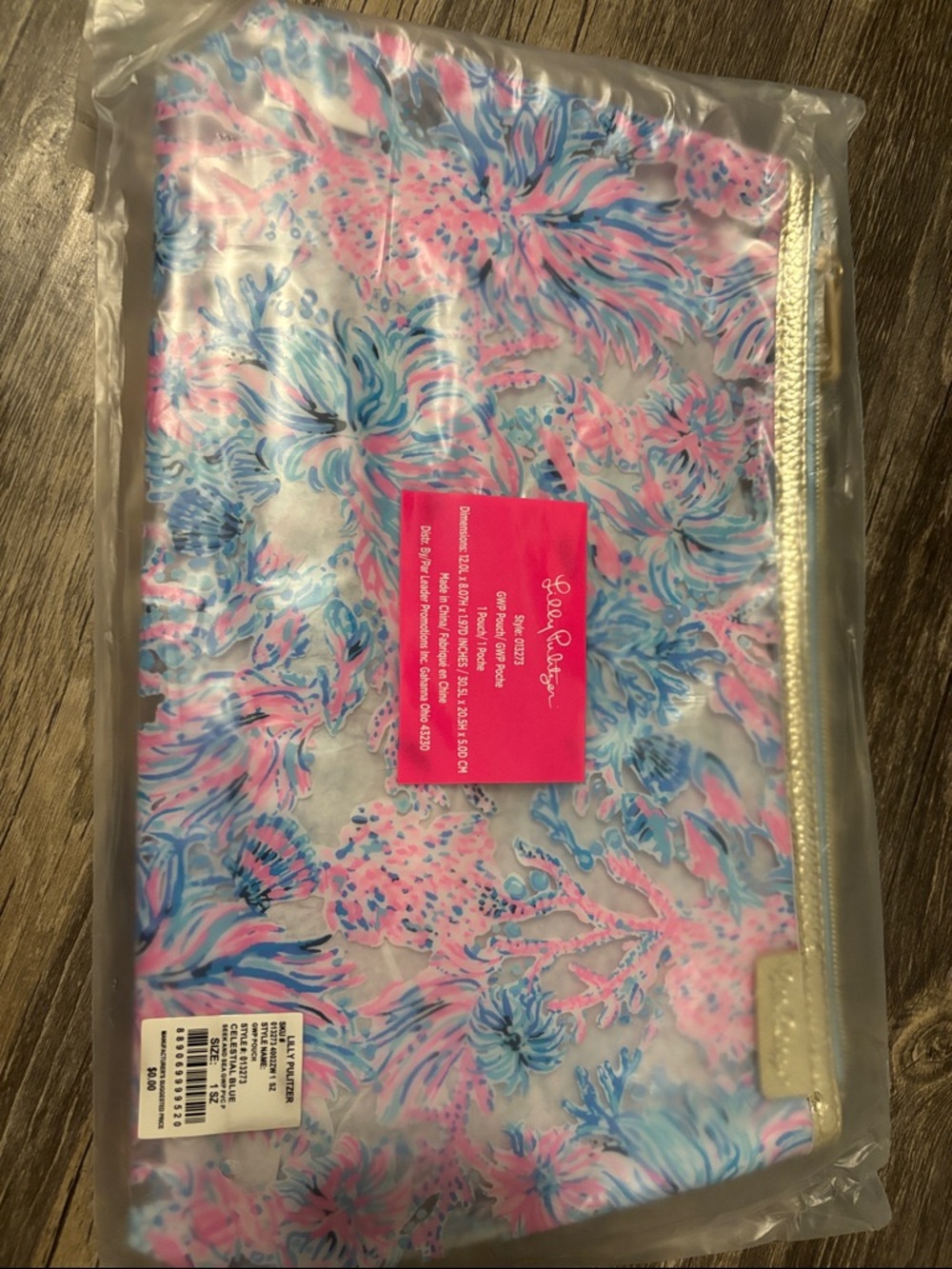 Lilly Pulitzer Pink and Blue Floral Zip Pouch with Gold Trim